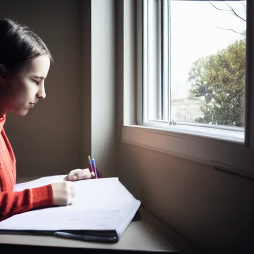 Prompt: lofi girl studying in front of a window