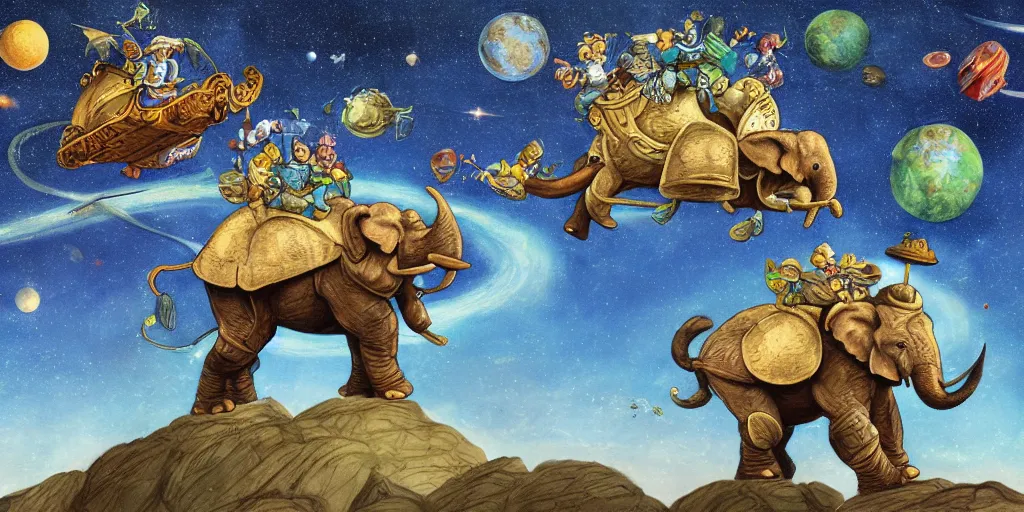 Image similar to the great a'tuin flying through space carrying discworld atop four elephants by kirby