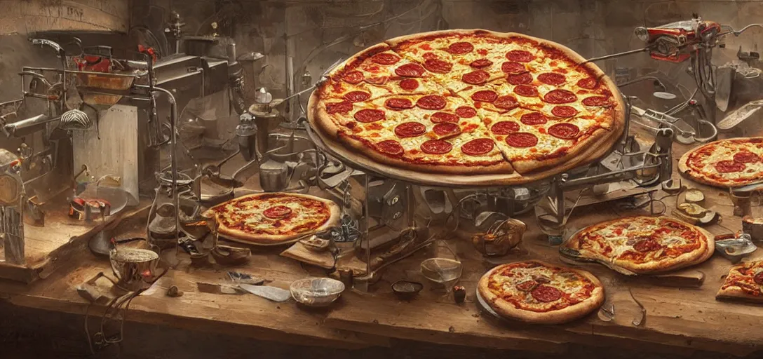 Image similar to an old fashioned pizza rig, intricate, hyper detailed, 8k, james gurney, greg rutkowski, john howe, artstation