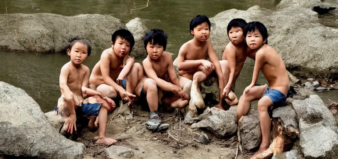 Prompt: a full - body portrait of little asian cuties 3 times oversized head caveman make stone tools at the river bank, a colorized photo, colorized, # film, movie still