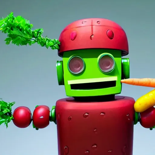 Image similar to cute robot made of vegetables, tomato head and a carrot sword, made in abyss style