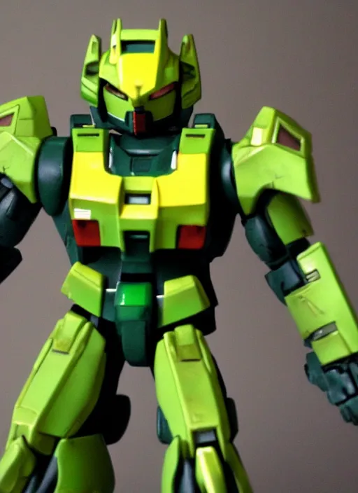 Image similar to master chief gundam, green armor, yellow visor