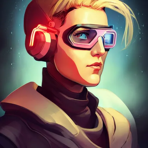 Prompt: character concept art, stoic heroic emotionless square - jawed butch blonde handsome tattooed woman engineer, wearing round dark goggles, wearing flight suit, science fiction, in the style of artgerm and charlie bowater and atey ghailan and mike mignola, vibrant colors and hard shadows and strong rim light, comic cover art, space station background, trending on artstation