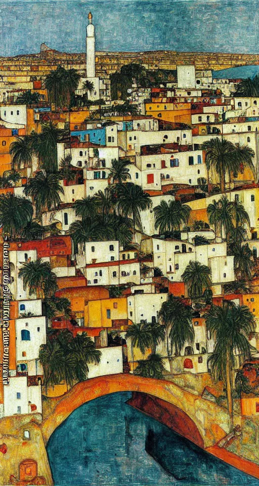 Prompt: small city in south of iran with a bridge on local river and palm trees, painting by egon schiele