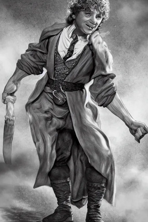 Image similar to Bilbo Baggins is a jacked muscle builder gigachad, grayscale photography