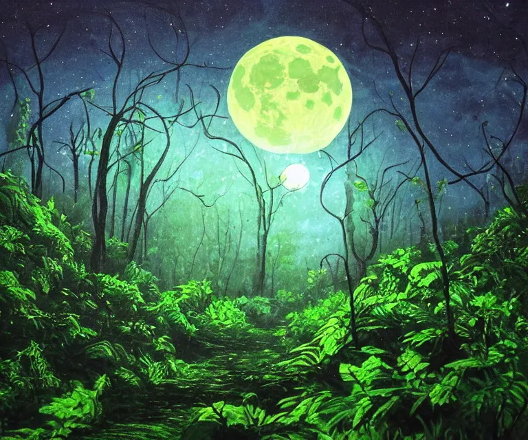 Prompt: a lush dense green forest, colorful glowing vines, wildlife, moon shining, soft tones, night time, highly detailed, 50mm, high fantasy