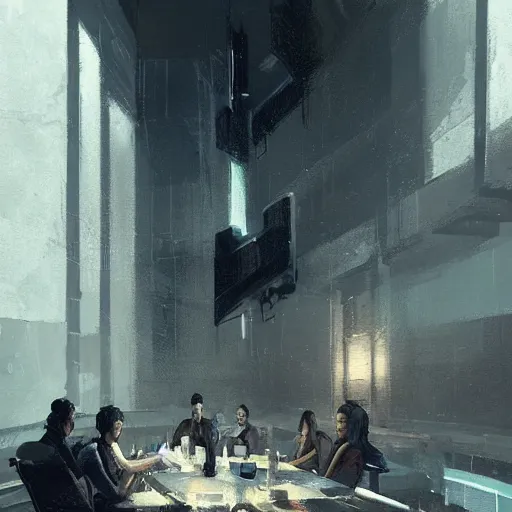 Image similar to concept art by greg rutkowski, a very tall, and slender man with short black hair, sitting with the crew in the ship's dining room, brutalist futuristic interior, dark lighting atmosphere, detailed portraits, nostalgic atmosphere, scifi, digital painting, artstation, concept art, smooth, sharp foccus ilustration, artstation hq