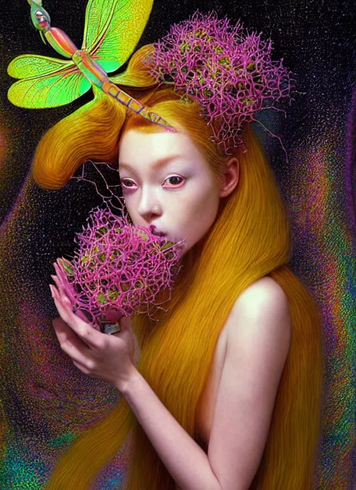 Image similar to hyper detailed 3d render like a Oil painting - kawaii portrait Aurora (gold haired Singer Praying Mantis Dragonfly) seen Eating of the Strangling network of yellowcake aerochrome and milky Fruit and Her compund eyes delicate Hands hold of gossamer polyp blossoms bring iridescent fungal flowers whose spores black the foolish stars by Jacek Yerka, Mariusz Lewandowski, Houdini algorithmic generative render, Abstract brush strokes, Masterpiece, Edward Hopper and James Gilleard, Zdzislaw Beksinski, Mark Ryden, Wolfgang Lettl, hints of Yayoi Kasuma, octane render, 8k