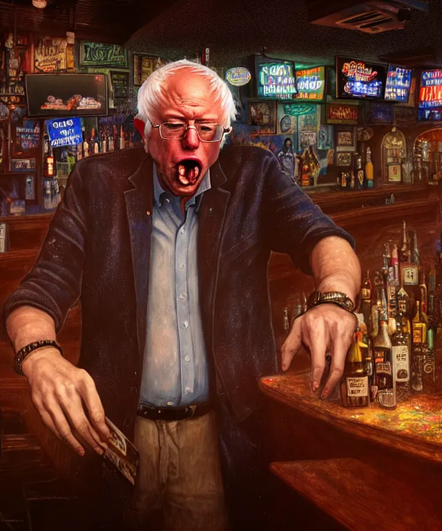 Image similar to hyperrealistic mixed media painting of Bernie Sanders as a crazy drunk, dimly lit dive bar, stunning 3d render inspired art by P. Craig Russell and Barry Windsor-Smith + perfect facial symmetry + dim volumetric lighting, 8k octane beautifully detailed render, post-processing, extremely hyperdetailed, intricate, epic composition, grim yet sparkling atmosphere, cinematic lighting + masterpiece, trending on artstation, very very detailed, masterpiece, stunning