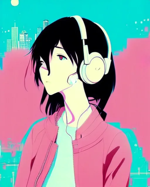 Image similar to girl wearing headphones, city background, very anime!!! anime!! intricate details, aesthetically pleasing pastel colors, poster background, art by conrad roset and ilya kuvshinov