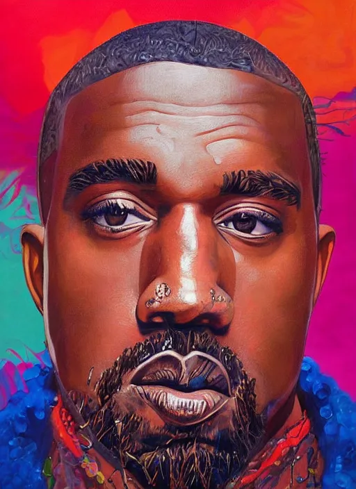 Image similar to ( ( ( ( ( beautiful painting of [ kanye west ], [ kanye west ] contemporary, colorful acrylic, airbrush painting [ realistic portrait ] ) ) ) ) ) by kehinde wiley and archan nair [ hyperrealism ]!!!!!!!