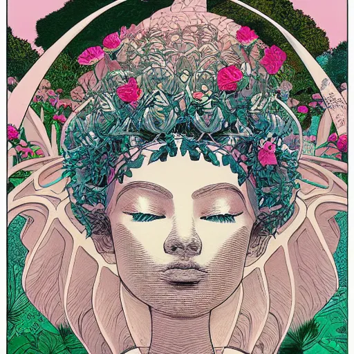 Prompt: an illustration of a beautiful garden forming the face of a beautiful goddess, painted by moebius and james jean