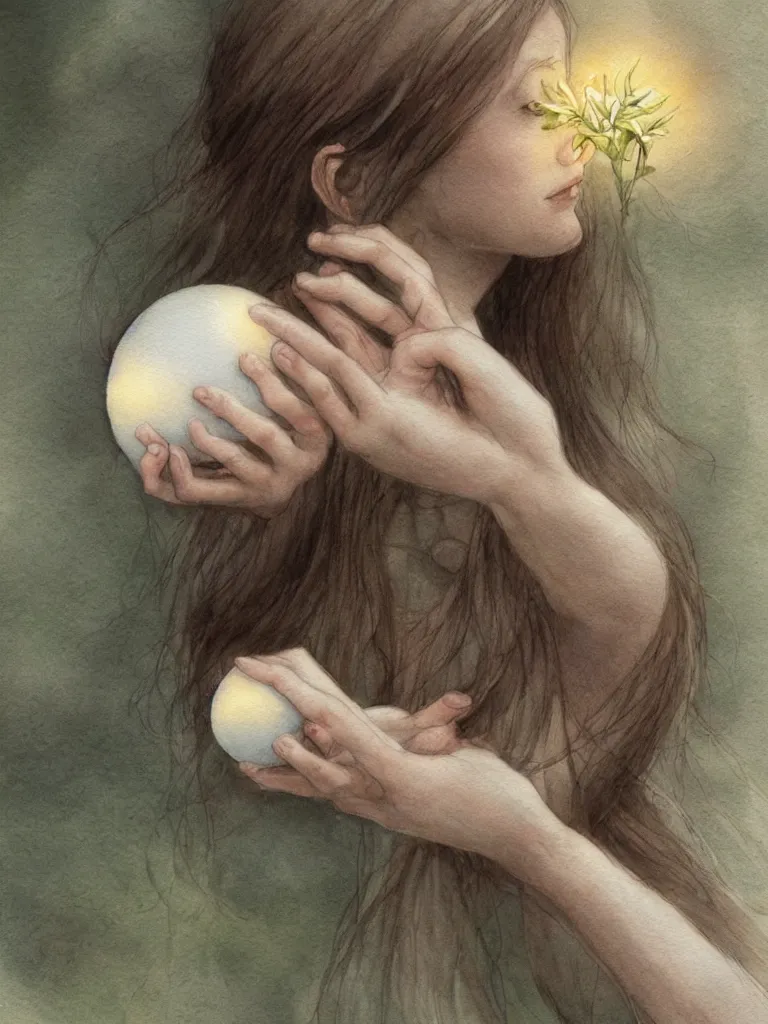 Image similar to study of a flower fairy, holding glowing white orb in hands, illustration, watercolor, alan lee, detailed, pretty, ethereal, realistic, refined, beautiful, artstation,