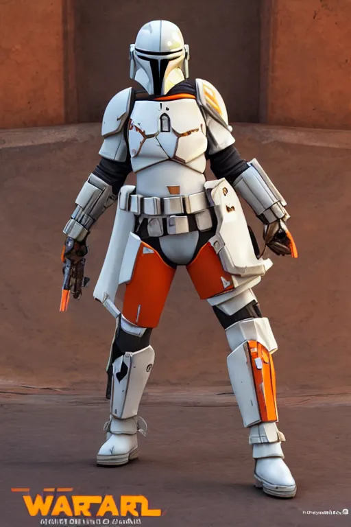 Prompt: mandalorian overwatch echo style statue made of white and orange marble standing, 3 d render, octane render, unreal engine, overwatch, detailed, dynamic light, beautiful, rococo, accents of red