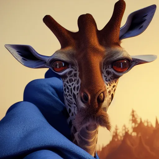 Image similar to a highly detailed portrait of a humanoid giraffe in a blue cloak, close - up, adventurer, artstation, deviantart, professional, unreal engine 5, octane render,