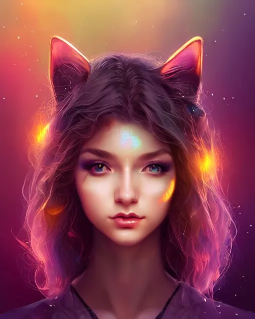 Prompt: cute woman cat chimera of iridescent liquid, alchemy, shiny plastic, intricate, bloom, detailed, volumetric lighting, sharp focus, photorealism, digital painting, highly detailed, concept art, by by artgerm and wlop