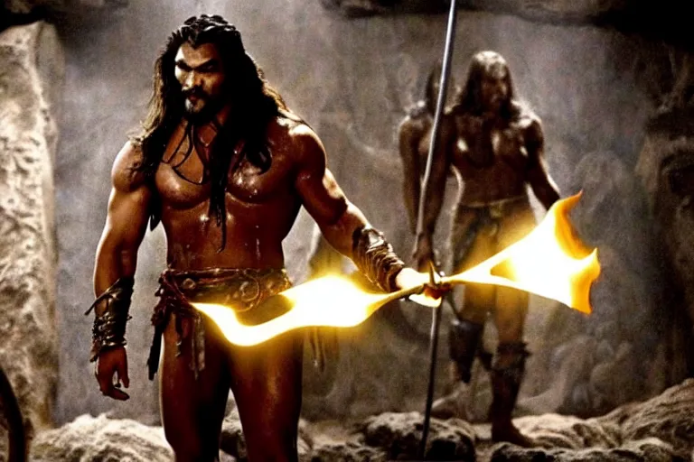 Image similar to film still from conan the barbarian, jason momoa as conan holding a torch in the catacombs of evil, fantasy armor, volumetric lighting, mist, wet skin and windblown hair, muscular!!!, masculine pose, ridley scott