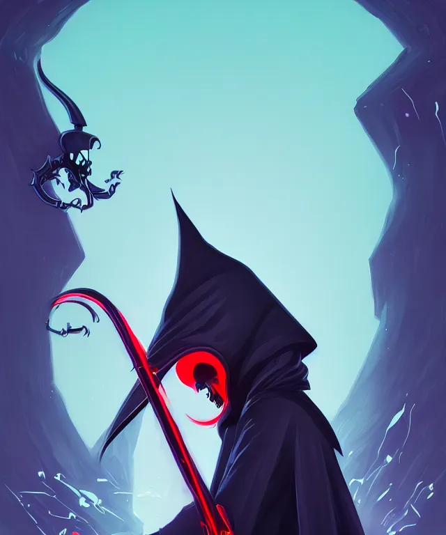 Image similar to a portrait of a hooded neon grimm reaper holding a single scythe, fantasy, elegant, digital painting, artstation, concept art, matte, sharp focus, illustration, art by josan gonzalez