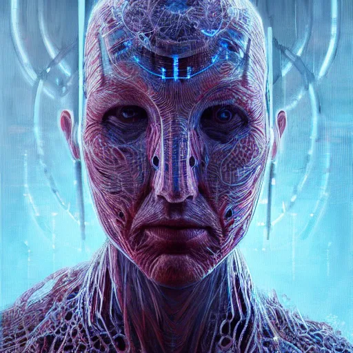 Prompt: portrait art of an ultradetailed evil futuristic cyborg made of neuronal networks, by greg rutkowski and Zdzisław Beksiński, digital painting, 8k, intricate, futuristic, dramatic light, trending on cg society