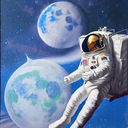 Image similar to extremely detailed painting of astronaut captain buzz lightyeahr floating in space, moon in the background, hyper realistic masterpiece by hajime sorayama