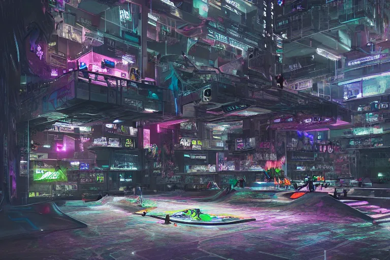 Image similar to cyberpunk skatepark set in a dystopian city, skateboards, digital art, highly detailed, 4 k