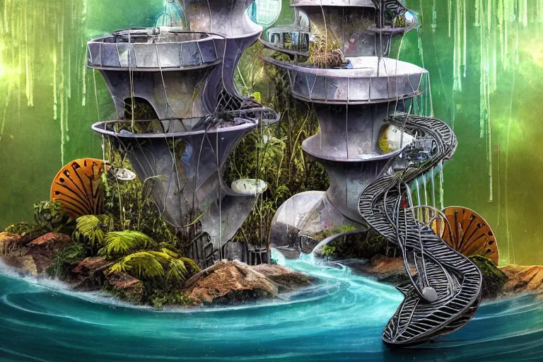 Image similar to favela bunker spaceship coaster hive, art nouveau waterfall environment, industrial factory, whimsical, award winning art, epic dreamlike fantasy landscape, ultra realistic,