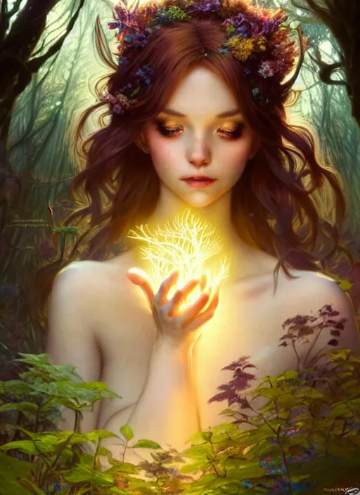 Image similar to full body picture of a fairy in the magical forest, looking at the camera curiously, glowing hair, dramatic pose, beautiful and aesthetic, intricate, highly detailed, detailed face, smooth, sharp focus, chiaroscuro, artgerm, greg rutkowski, ilya kuvshinov, rossdraws, alphonse mucha, fantasy light novel cover art