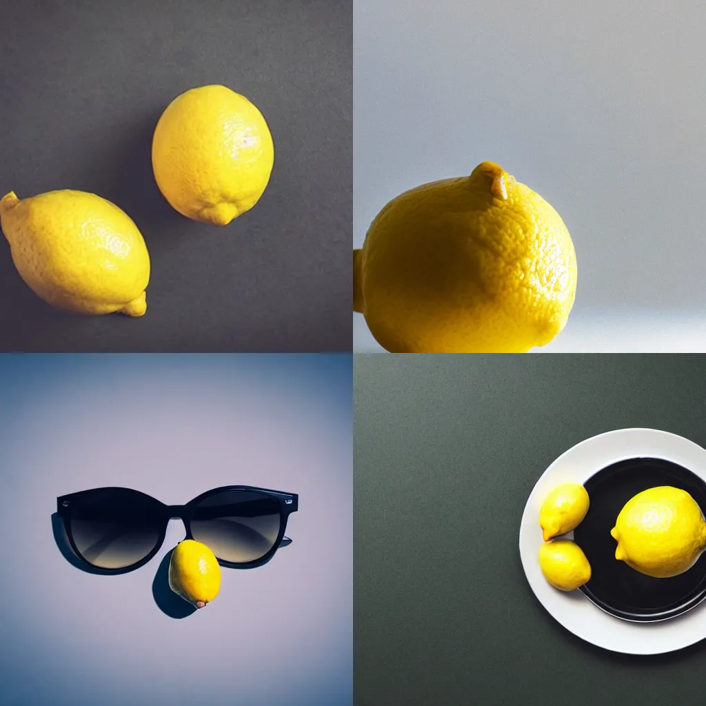 Prompt: a photograph of a lemon wearing dark sunglasses