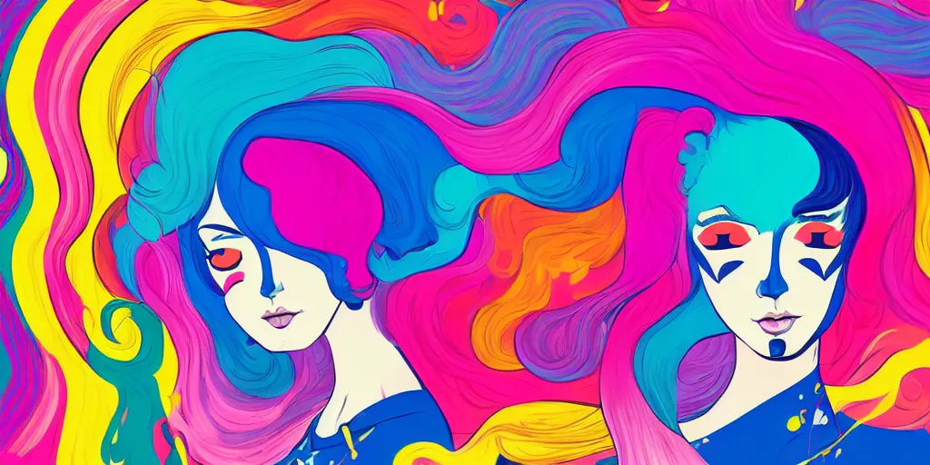 Prompt: a digital painting of a woman with colorful hair, a pop art painting by tomokazu matsuyama, behance contest winner, psychedelic art, psychedelic, 2 d, digital illustration, trending on artstation, anime stylized, accurate fictional proportions, high delicate defined details, ethereal lighting