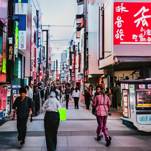 Prompt: people walking down futuristic Japanese street with graffiti and neon signs in the background