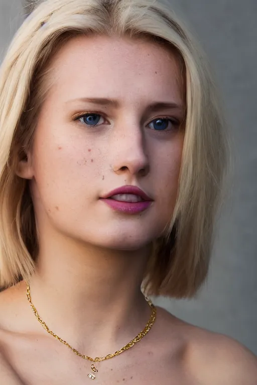 Image similar to 2 4 year old professional blonde female wearing white v - neck top, single gold chain necklace, neck zoomed in, photo realistic, extreme detail skin, light freckles, no filter, slr, golden hour, 4 k, high definition, photograph, selfie