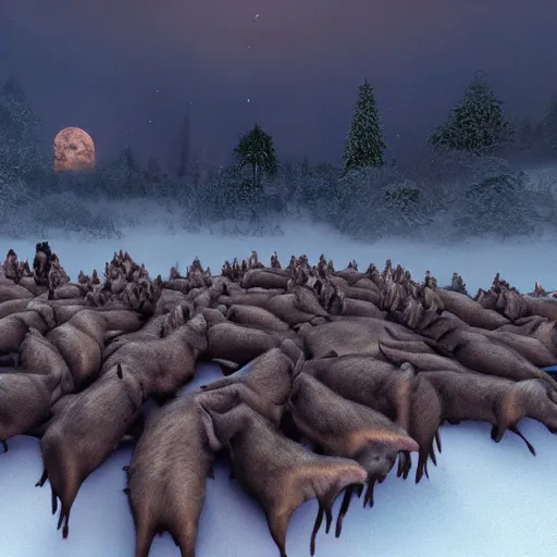 Image similar to the slaughtering of 1 0 0 0 pigs by horrible viking men dressed in wolves clothing. in wintertime. in the moonlight. hyper realistic 8 k render.