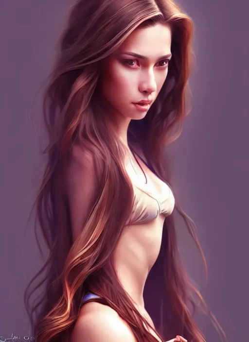 Image similar to a gorgeous female with long clean hair in the style of stefan kostic, realistic, full body shot, wide angle, sharp focus, 8 k high definition, insanely detailed, intricate, elegant, art by stanley lau and artgerm, floating embers