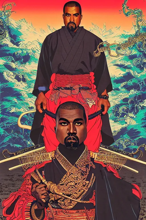 Image similar to poster of kanye west as a samurai, by yoichi hatakenaka, masamune shirow, josan gonzales and dan mumford, ayami kojima, takato yamamoto, barclay shaw, karol bak, yukito kishiro, highly detailed