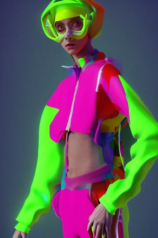 Image similar to a character wearing a super colorful fluo suit, vivienne westwood, detailed photoreal render octane render