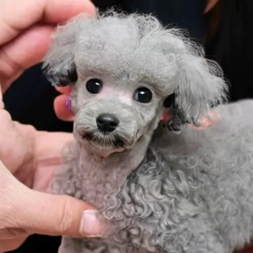 Prompt: grey hairless miniature toy poodle has its hair washed with shampoo by human hands