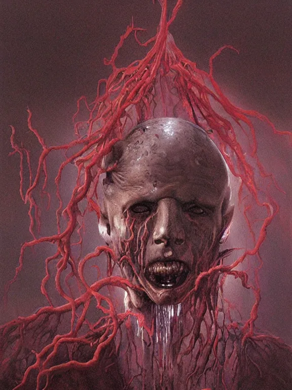 Prompt: painting by wayne barlowe of a flying sorrowful looking human head with tears running down it's eyes, face that is chalk white in color, with long sprawling white tentacles stemming down it's neck, fiery scorching red eyes, flying in a terrying hellish dark cavernous place