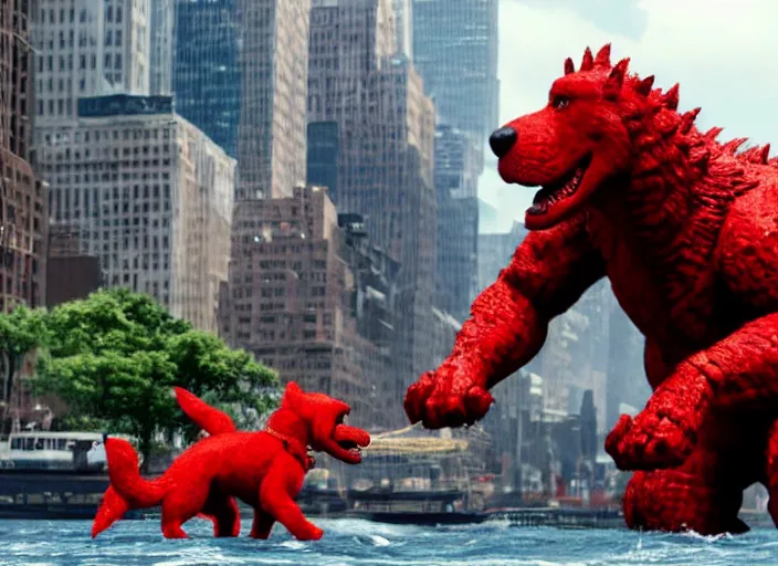 Prompt: film still of clifford the big red dog fighting in new york city in the new godzilla pacific rim crossover movie