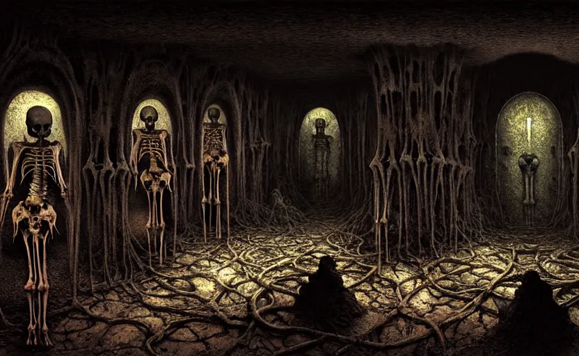 Prompt: grimy dark catacombs of infected skeletal remains by hr giger and zdzisław beksinski, fine details, digital art, volumetric lighting, cinematic light, photorealistic