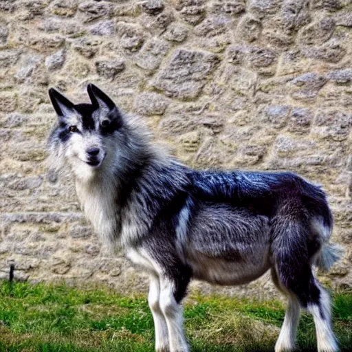 Image similar to hyperrealistic photo of a goat wolf hybrid beast in the square of a small medieval village