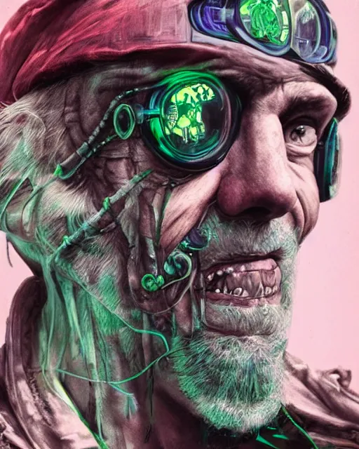 Prompt: an intimate portrait of a gnarly human cyberpunk captain, old skin, faded hat, crooked teeth, green eyes, a look of menace, detailed matte fantasy painting