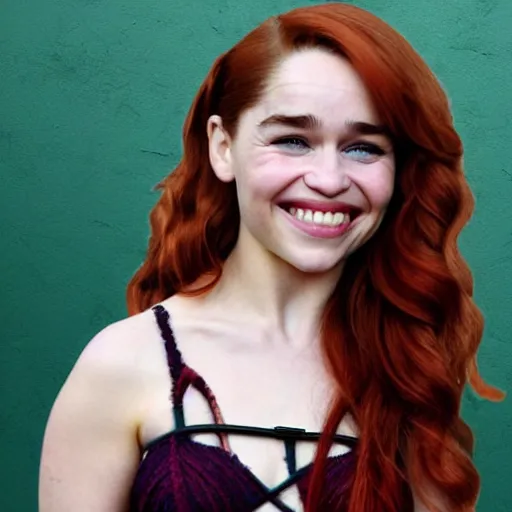 Prompt: Emilia Clarke as a young redhead, wild hairstyle, smiling
