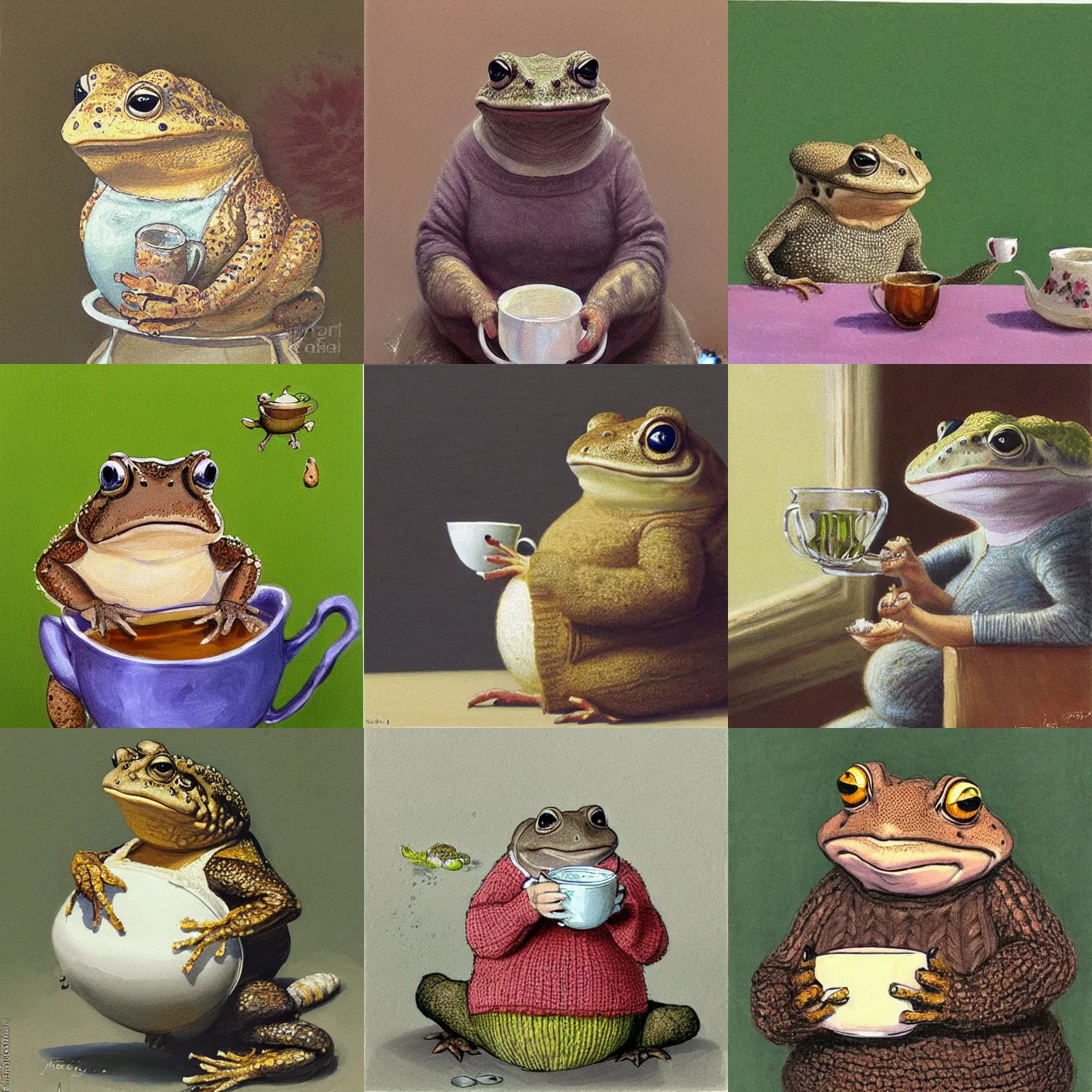 Prompt: a cute illustration of mrs Toad sitting and drinking tea. Lovely painting of a toad in a sweater, by James Gurney