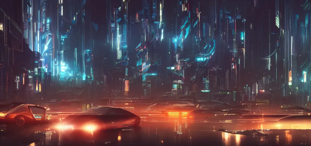 Image similar to view from the edge of a futuristic cyberpunk city at night in rain, refraction, reflection, lens flare, cars flying in the sky distance, symmetry, cinematic lighting, ultra detailed, sharp, ambient occlusion, raytracing, by greg rutowski, paul chadeisson and jessica rossier