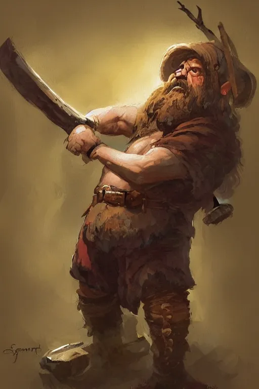Image similar to a dwarf in hide clothes holding an axe, leaning against an ax, hatchet!!! concept art in style of Greg Rutkowski, painted by Frank Frazetta, John Singer Sargant