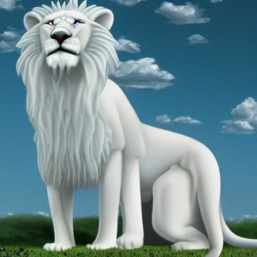 Prompt: ethernal giant white lion with angelic white mane and bright glowing mint eyes blending into white clouds in a heavenly blue sky