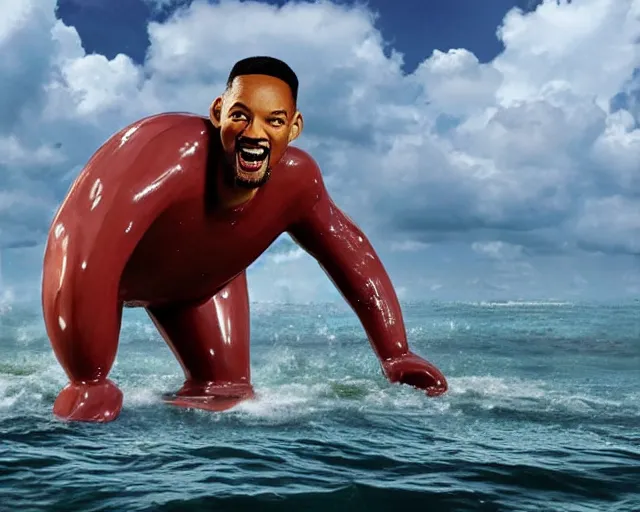 Image similar to a giant sculpture of will smith as a gummy bear on the ocean water, award winning, hyper - realistic, very detailed, realistic water splashes, ray tracing, 8 k resolution, long - shot, sharp focus, low angle, 8 5 mm photograph, wide lens