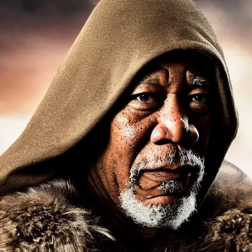 Prompt: morgan freeman in a dark viking hood playing odin all father from the thor movie, highly detailed, cinematic shot, cinematic lighting, 8 k, exquisit facial detail