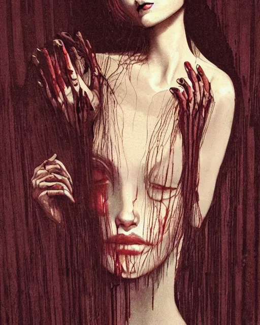 Image similar to a beautiful but creepy girl in layers of fear, with haunted eyes and dark hair piled on her head, 1 9 7 0 s, seventies, wallpaper, a little blood, morning light showing injuries, delicate embellishments, painterly, offset printing technique, by brom, moebius, robert henri, walter popp