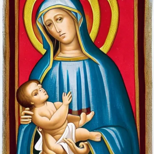 Prompt: the virgin mary looking fine af with a super swole baby jesus